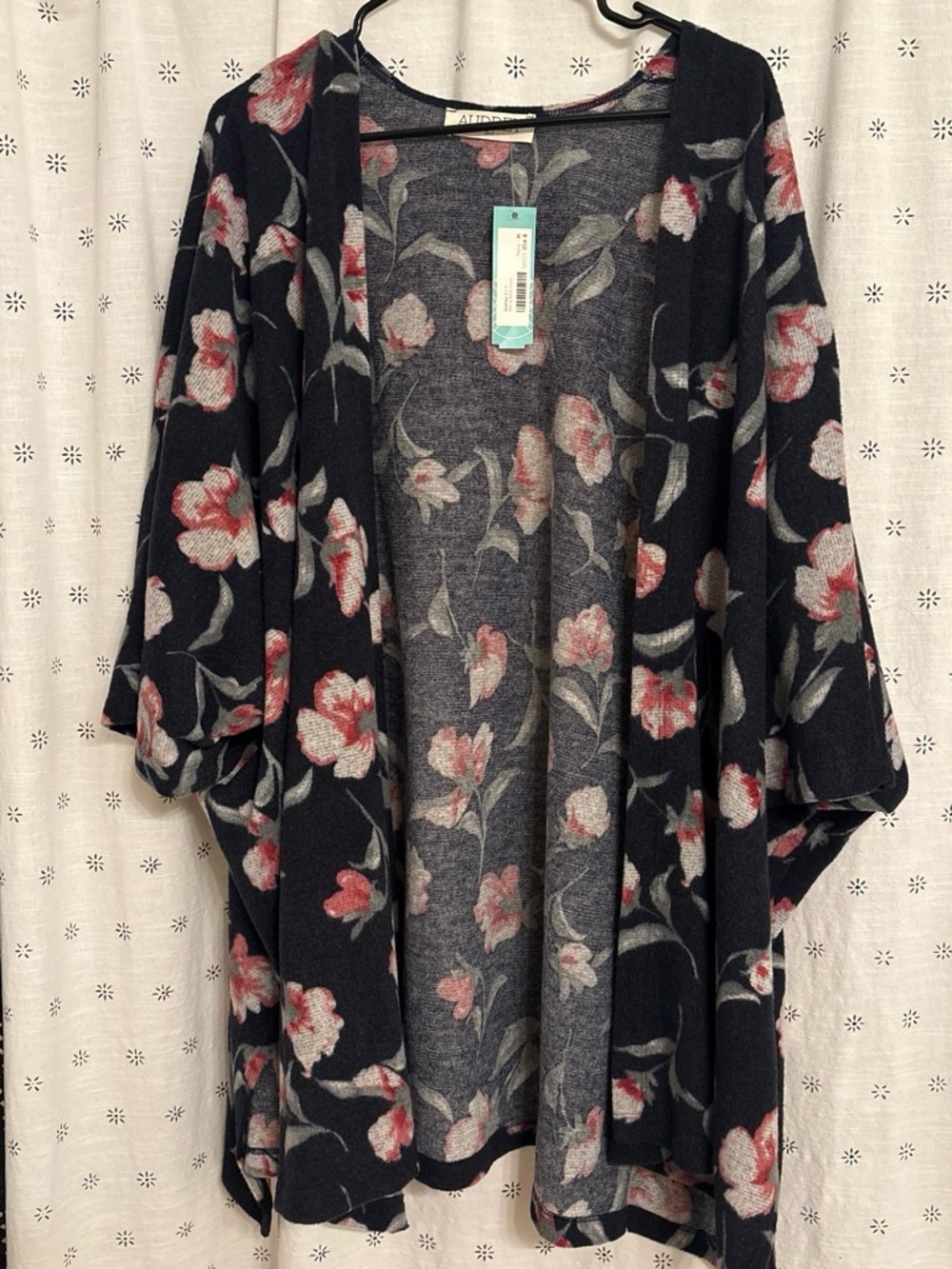 audrey Black Floral Open-Front Sweater Cardigan with Pink Flowers